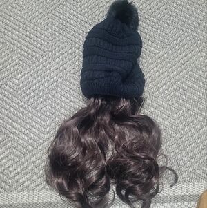 Nwot Black Knit Pom Hat with Attached Dark Brown Long Hair